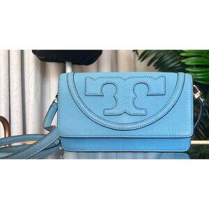 Tory Burch Blue Leather Serif Crossbody Bag With Gold Hardware & Logo Design